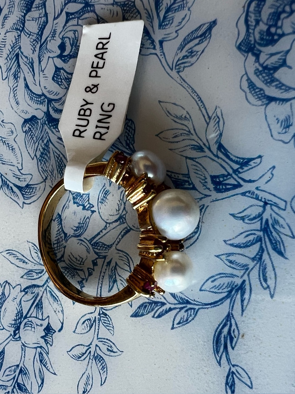 Pearl & Ruby Three Stone Ring Gold Tone Size 5.5 #559 - Picture 5 of 5